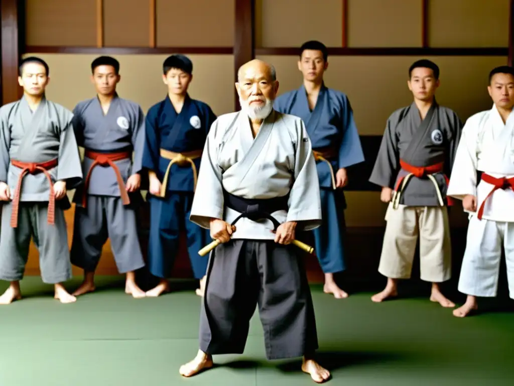 Imagen sepia de Morihei Ueshiba en el dojo, rodeado de estudiantes en posturas dinámicas