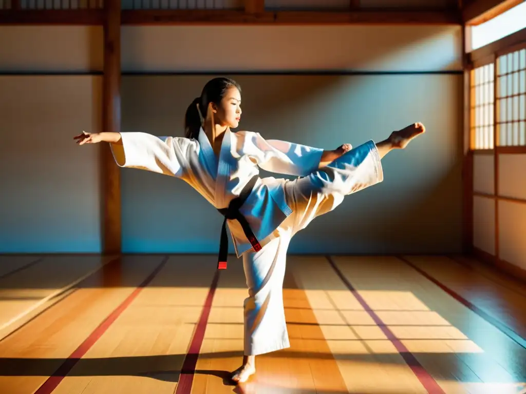 Imagen de la evolución de la mujer en la historia del karate, capturando la fuerza y gracia de una artista marcial en un dojo tradicional