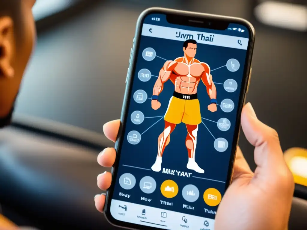 Imagen de pantalla de smartphone con apps imprescindibles para practicantes Muay Thai, guiados por un entrenador en un gimnasio