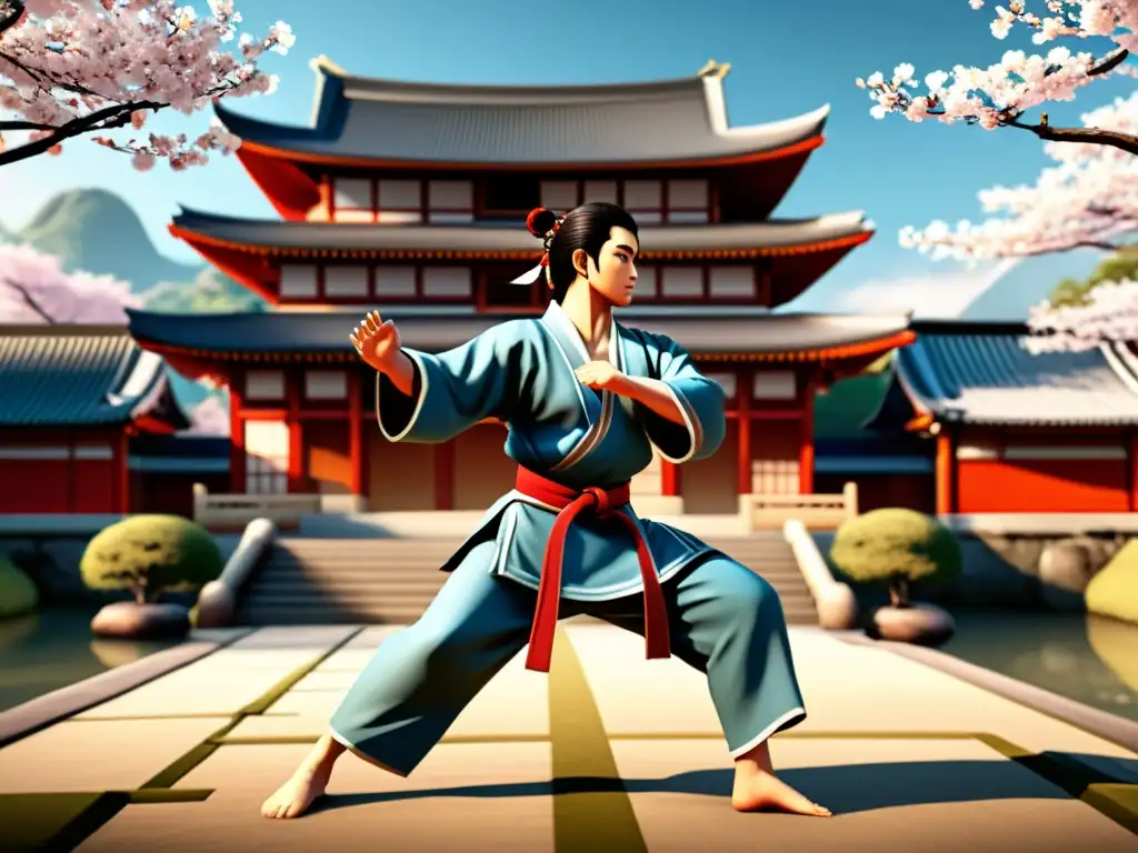 Imagen de personaje de videojuego practicando artes marciales en un dojo virtual