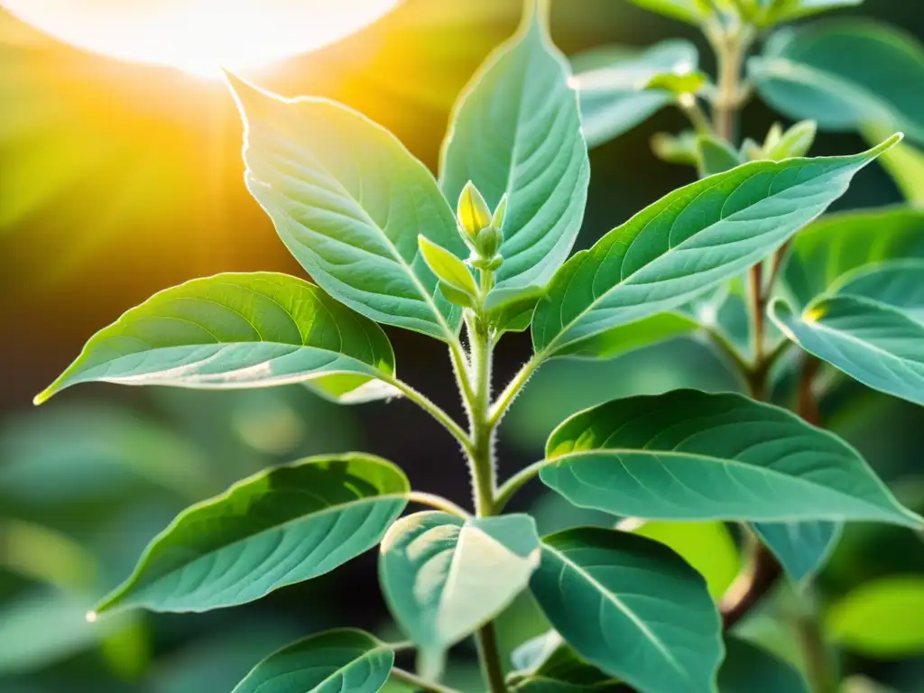 Imagen de planta de Ashwagandha resplandeciente bajo el sol, simbolizando fuerza y vitalidad, ideal para atletas