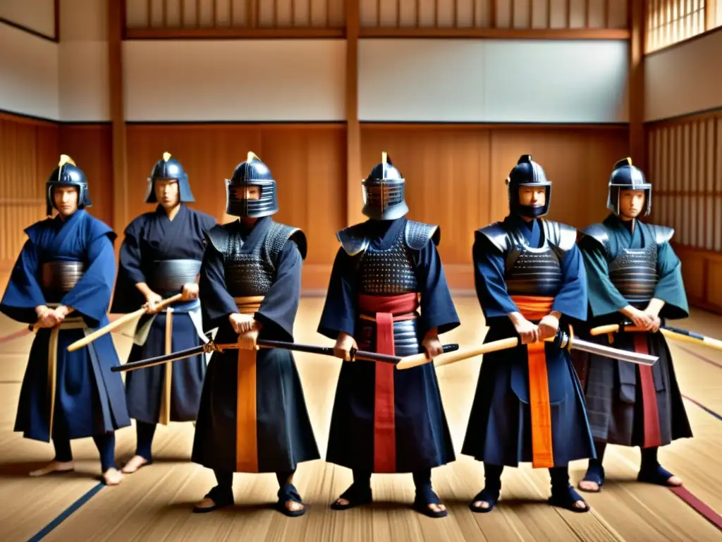 Una imagen de alta resolución de practicantes diversos de kendo con armaduras, entrenando con bokken en un dojo tradicional