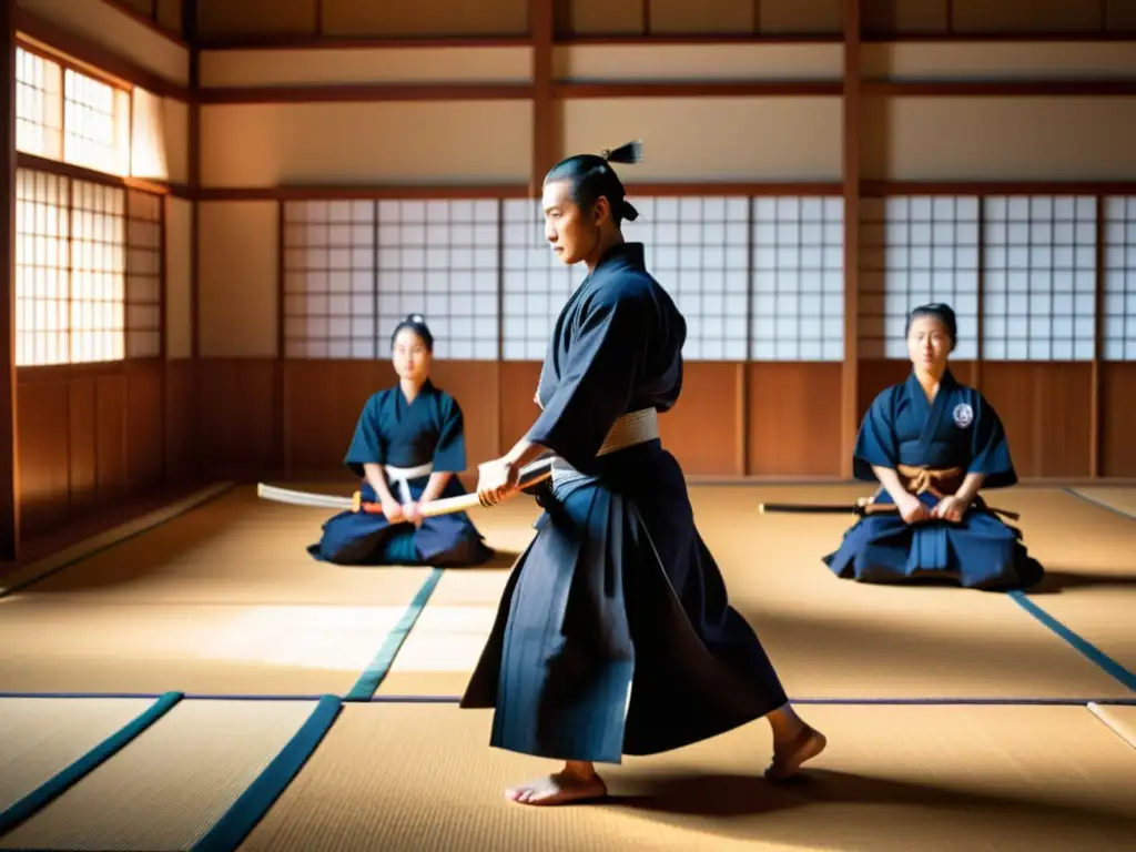 Imagen de alta resolución de un dojo de kendo, reflejando la cultura y disciplina del kendo en un intenso entrenamiento