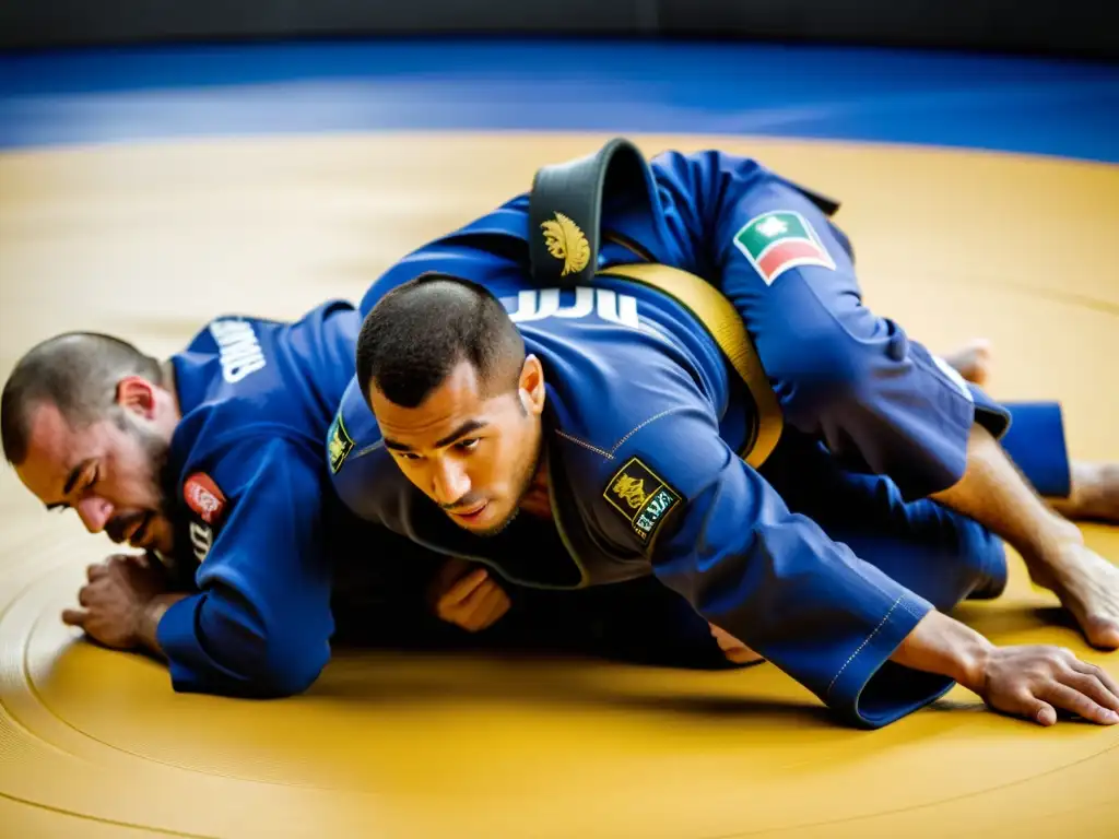 Imagen de alta resolución de dos practicantes de jiu-jitsu brasileño demostrando técnicas de suelo con precisión y determinación