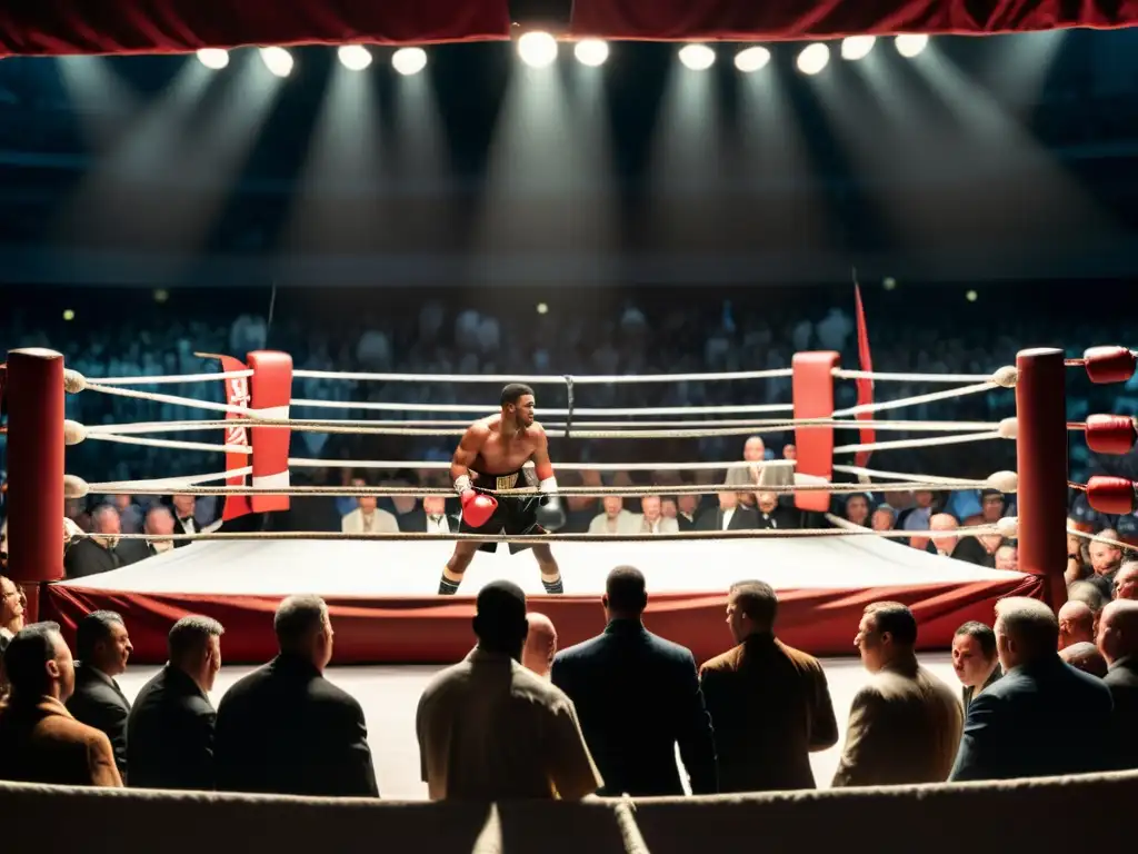 Imagen de un ring de boxeo vintage iluminado por un solo foco, con cuerdas proyectando sombras dramáticas y la multitud al fondo, capturando la emoción de revivir peleas legendarias en PayPerView