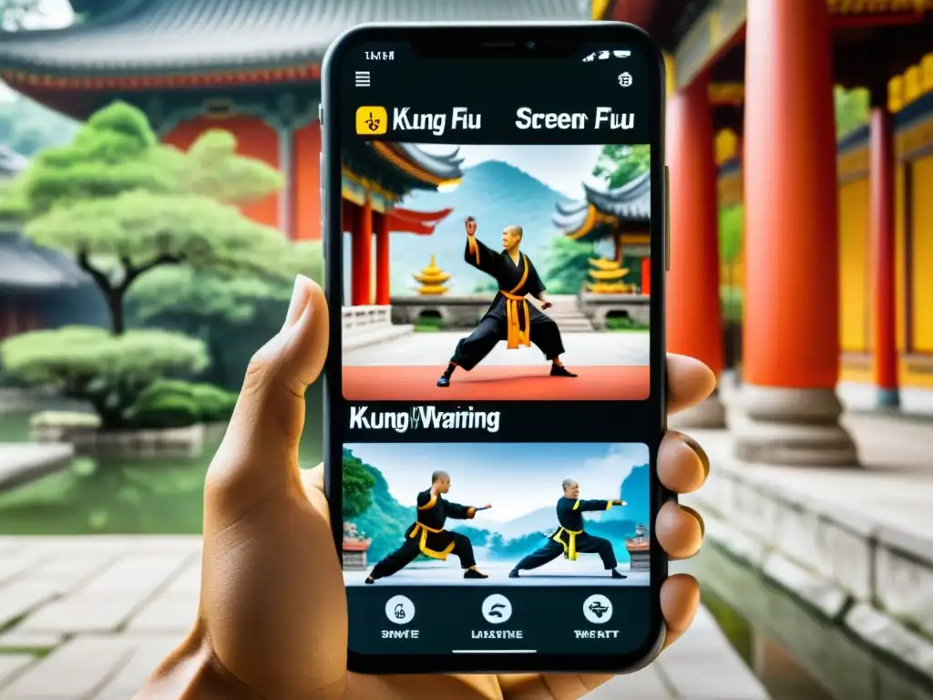 Imagen del smartphone con app para aprender Kung Fu, con interfaz moderna y figura de guerrero Shaolin, en un entorno sereno y tradicional