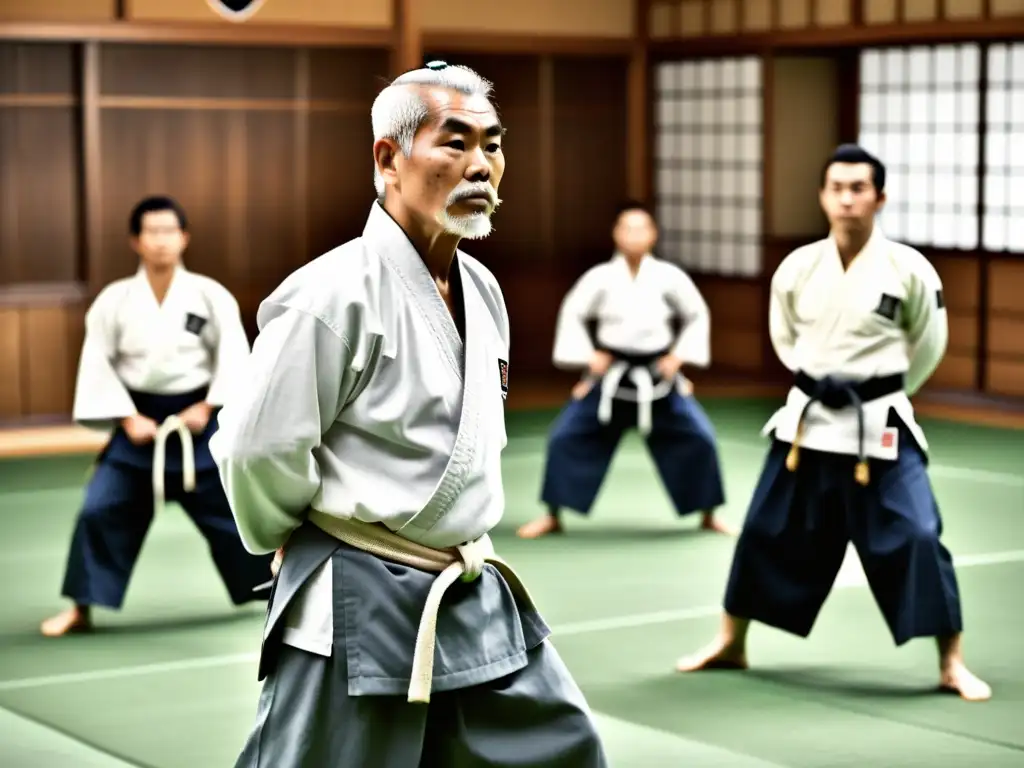 Imagen de Sokaku Takeda demostrando Aikijujutsu en un dojo japonés, influencia perdurable de Daitoryu Aikijujutsu