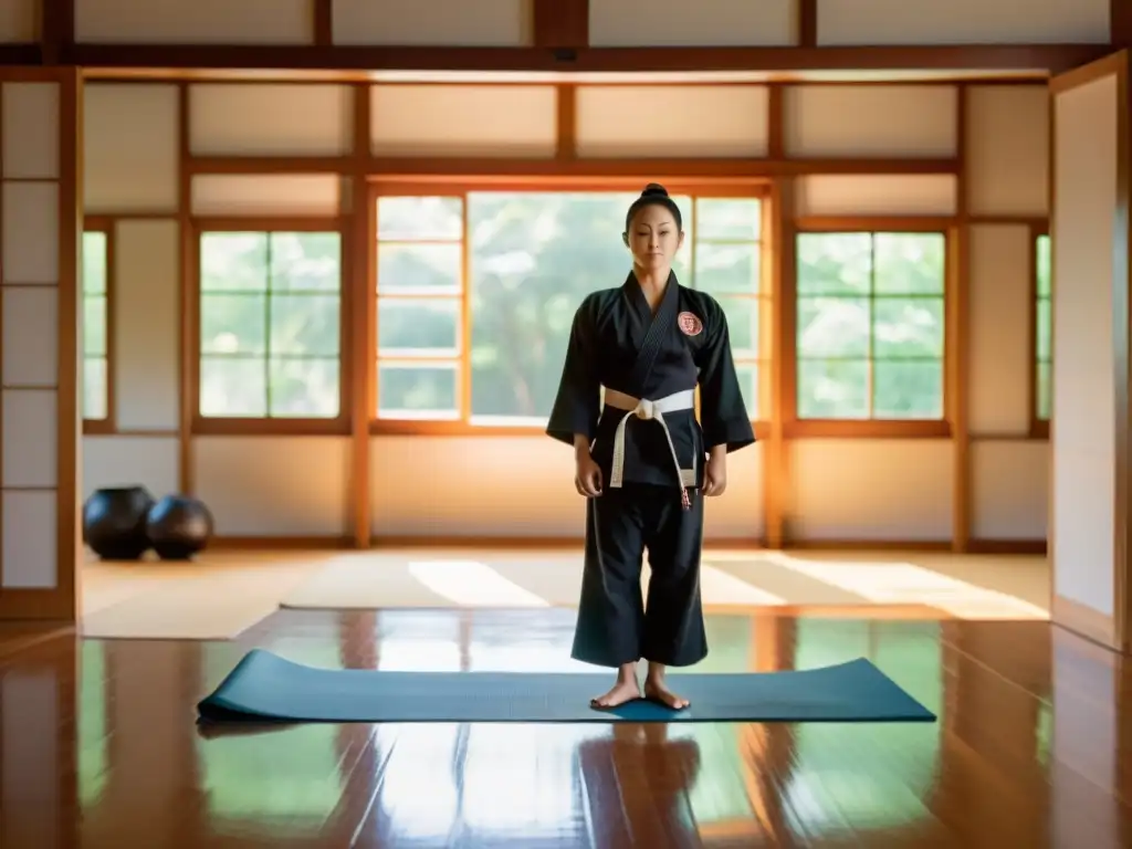 Imagen de un tranquilo dojo iluminado por el sol, donde un maestro de artes marciales y un instructor de yoga realizan una postura reflejada