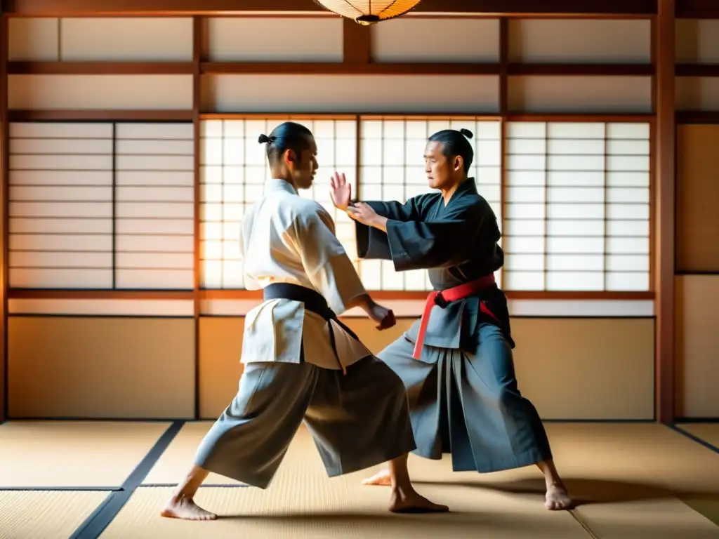 Una imagen en 8k de un tranquilo dojo con un maestro de artes marciales ejecutando una precisa técnica de Aikido