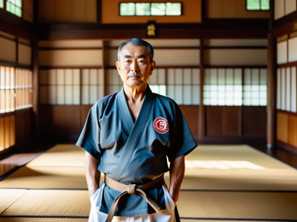 Imagen de Kanbun Uechi en un dojo tradicional de Okinawa, rodeado de estudiantes de Uechiryu Karatedo, reflejando tradición y sabiduría