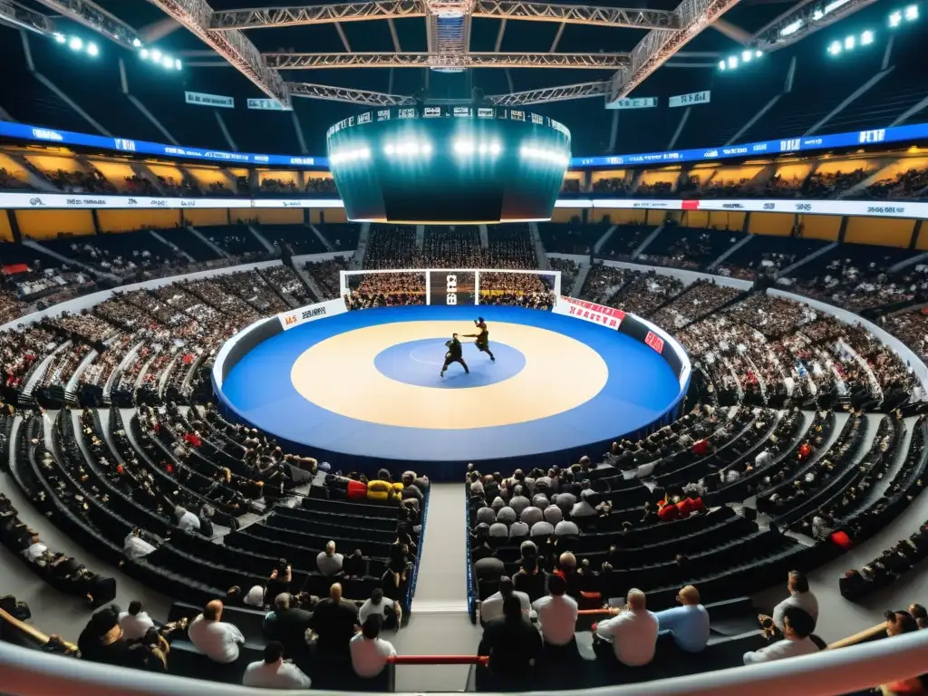 Una imagen vibrante de un emocionante evento de artes marciales con espectadores entusiastas y luchadores dinámicos en el centro del escenario