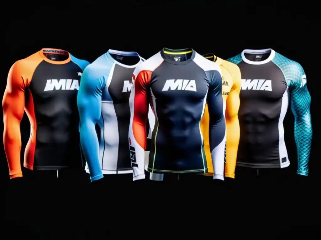 Una impactante exhibición de las mejores marcas de rashguards para MMA en maniquíes, con colores, patrones y texturas variados