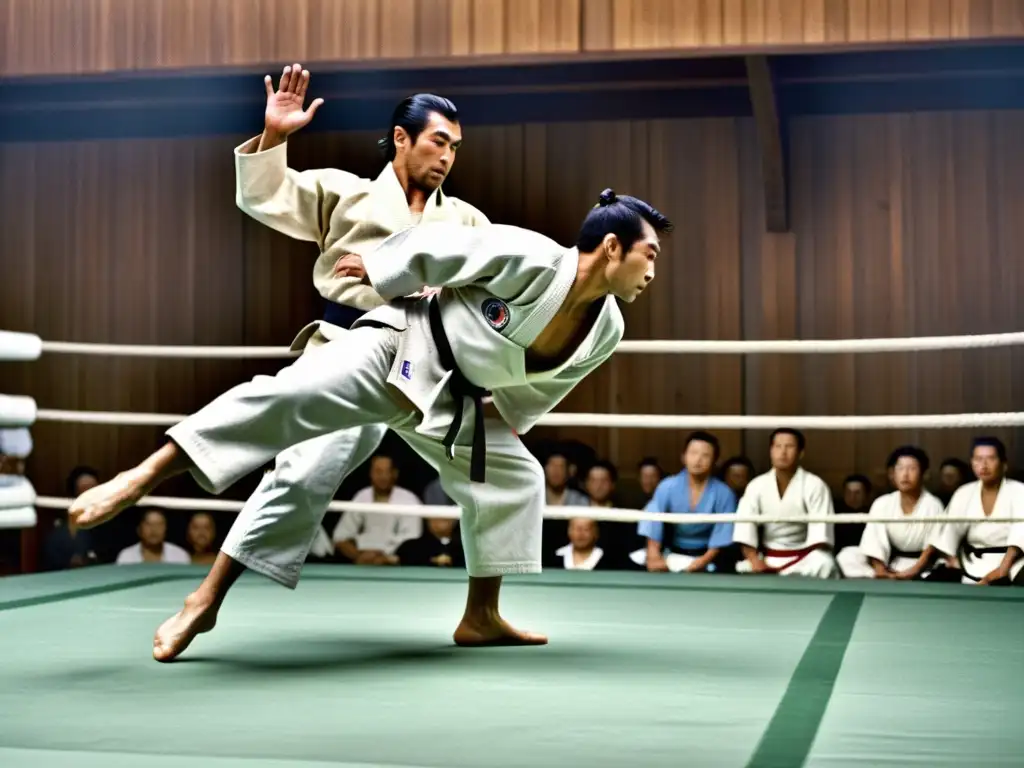 Kyuzo Mifune ejecuta un impecable lanzamiento de judo, mostrando maestría y precisión