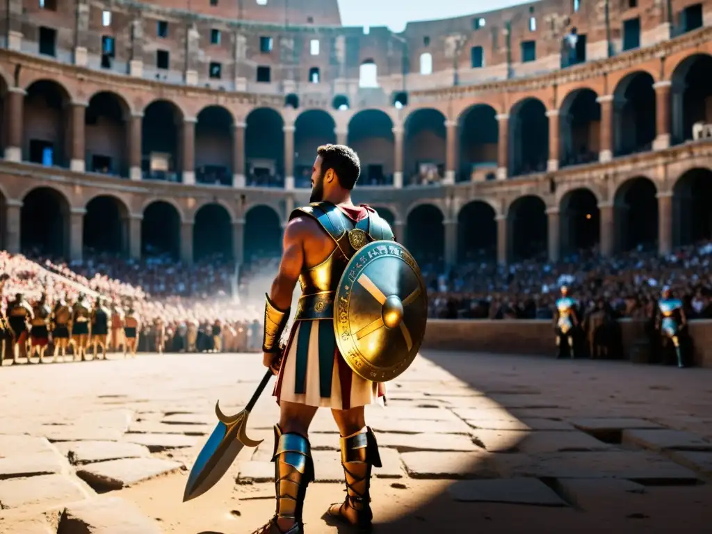 Imponente gladiador romano en el coliseo, con armadura detallada y tridente