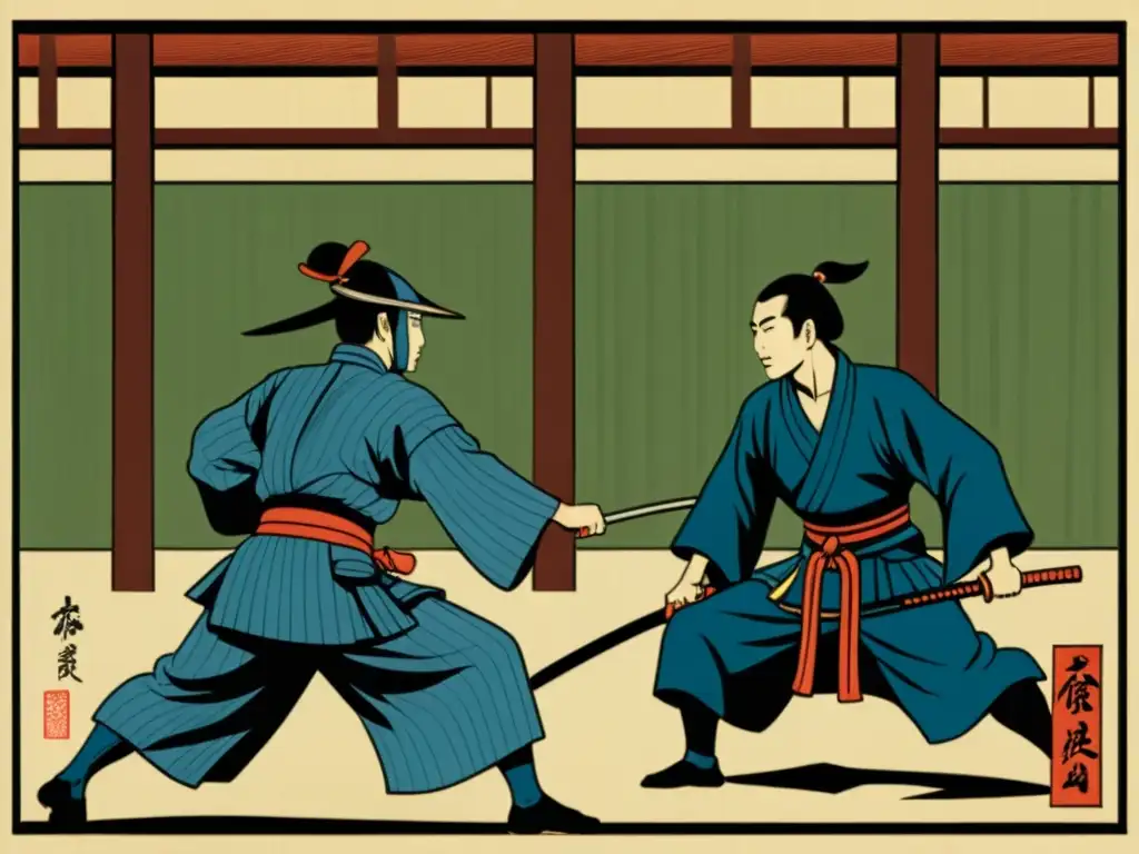 Imponente grabado japonés muestra práctica de kendo con samuráis y un sensei