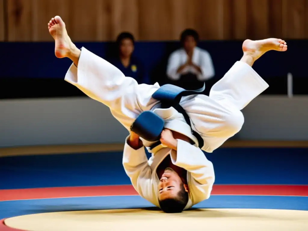 Imponente judoka ejecuta un lanzamiento, mostrando fuerza y agilidad en competencia de judo