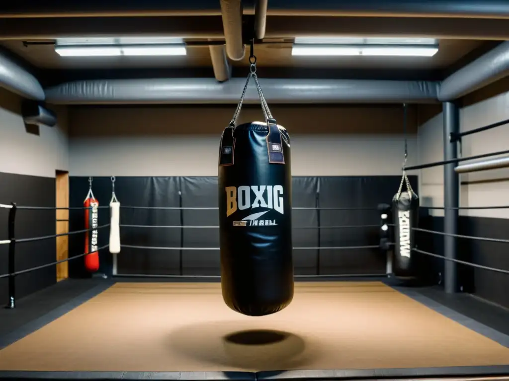 Imponente soporte saco boxeo en gimnasio profesional, reflejando durabilidad y estabilidad