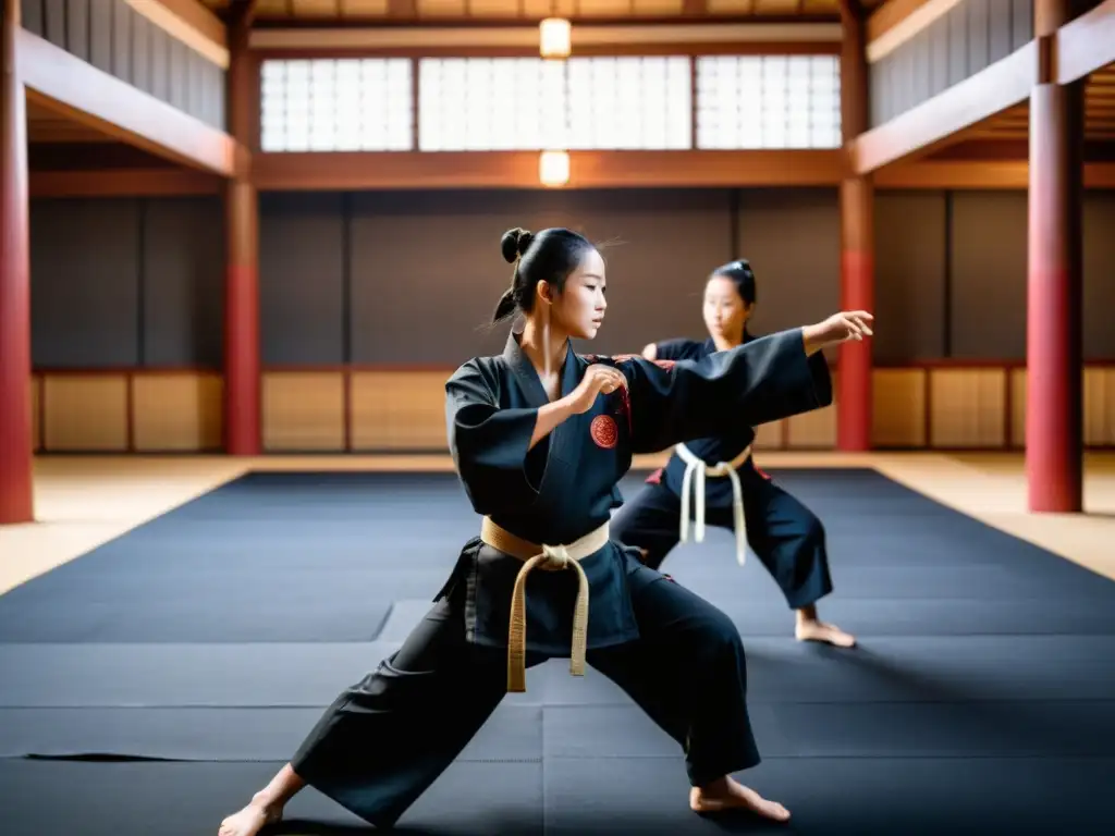 Importancia de la ropa de entrenamiento en artes marciales: práctica tradicional en un dojo con maestro y alumnos en perfecta armonía