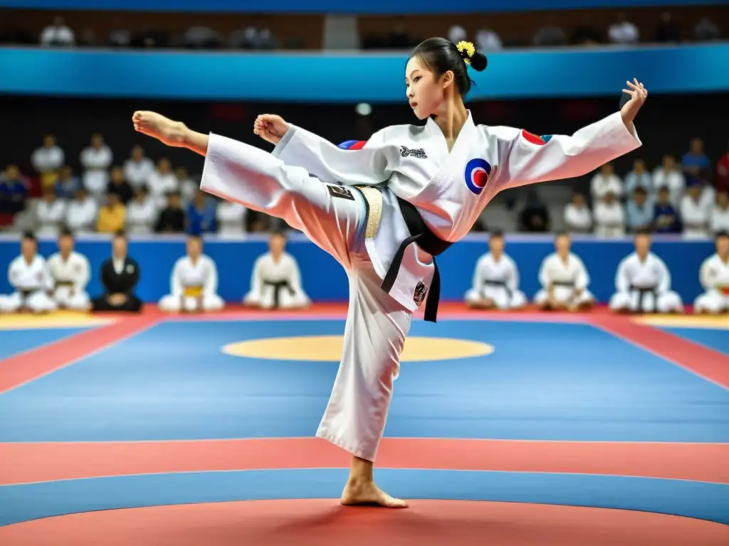 Impresionante exhibición de artes marciales coreanas con atletas ejecutando poderosas patadas sincronizadas, capturando la atención del público