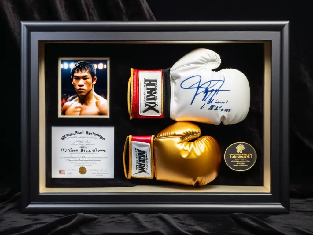 Una impresionante exhibición de memorabilia exclusiva de eventos de artes marciales, con guantes autografiados y objetos históricos meticulosamente presentados en un sombreadero