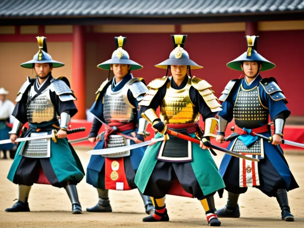 Un impresionante grupo de samuráis japoneses realiza una demostración de kenjutsu en un bullicioso festival japonés