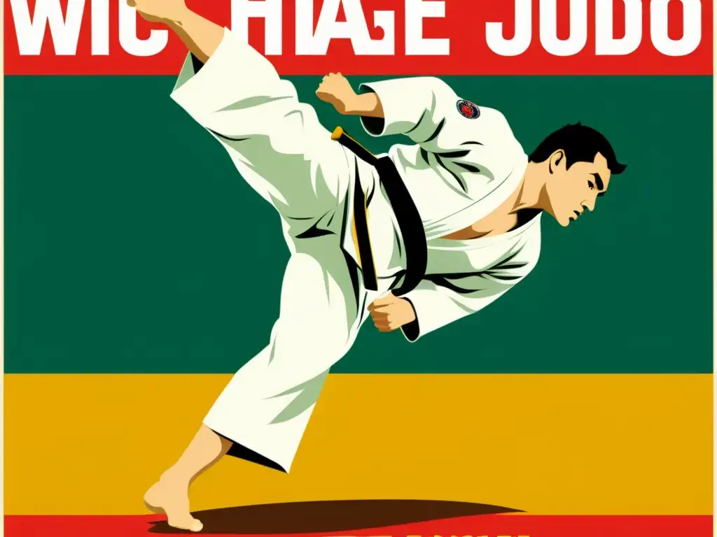 Un impresionante póster vintage de judo que muestra la elegancia y poder de las artes marciales, con detalles intrincados y colores vibrantes