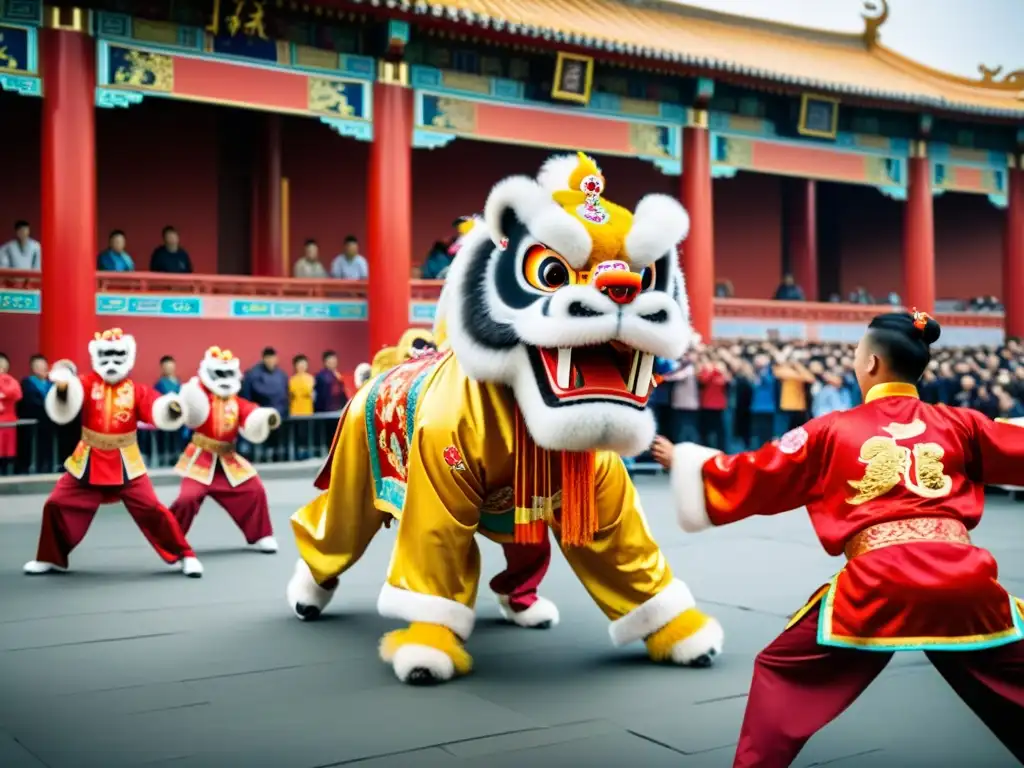 Una impresionante representación de la danza del león chino, con trajes coloridos y movimientos acrobáticos, capturando la rica herencia cultural y la esencia de las artes marciales chinas