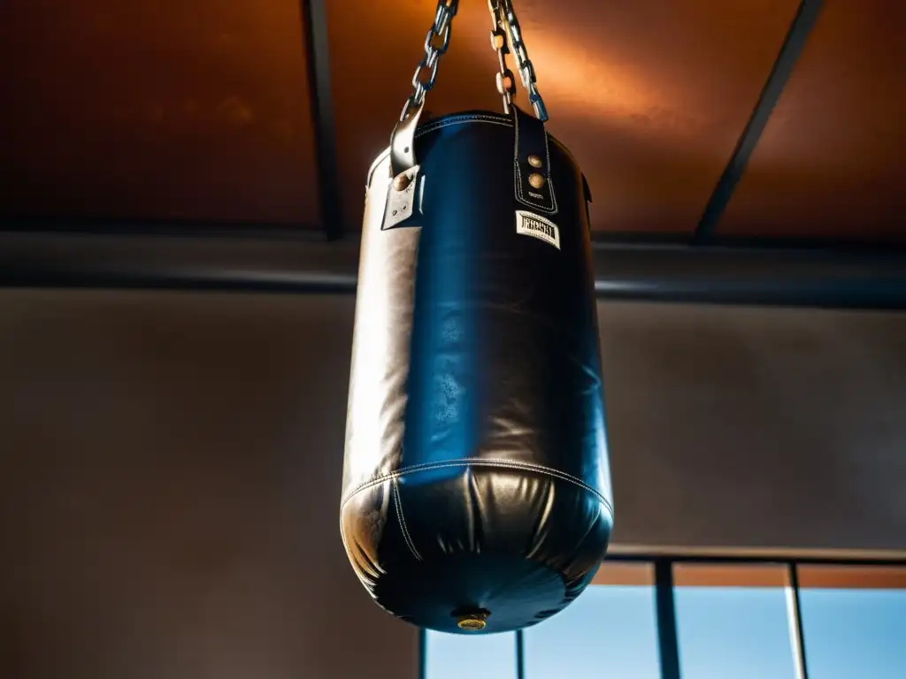 Un impresionante sistema de soporte para sacos de boxeo con un ambiente intenso de entrenamiento y energía pura