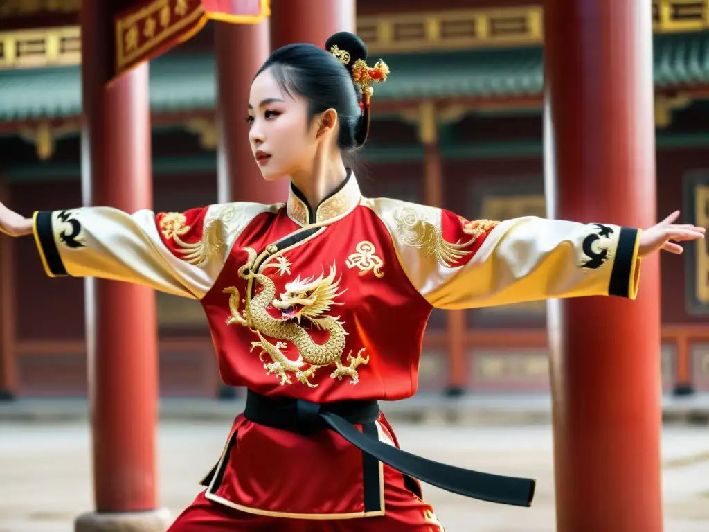 Un impresionante vestuario de competencias Wushu tradicional, con intrincados bordados de dragones y fénix en rojo y dorado