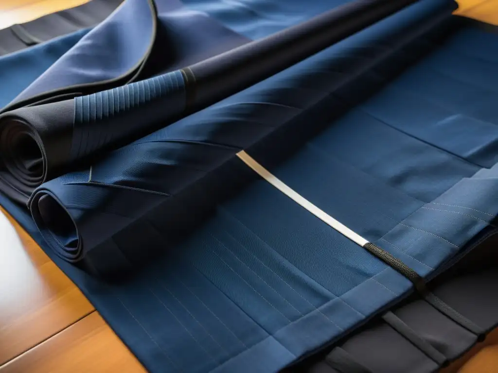 Indumentaria tradicional del Aikido: Hakama japonés de indigo plegado con elegancia sobre tatami, evocando tradición y disciplina marcial