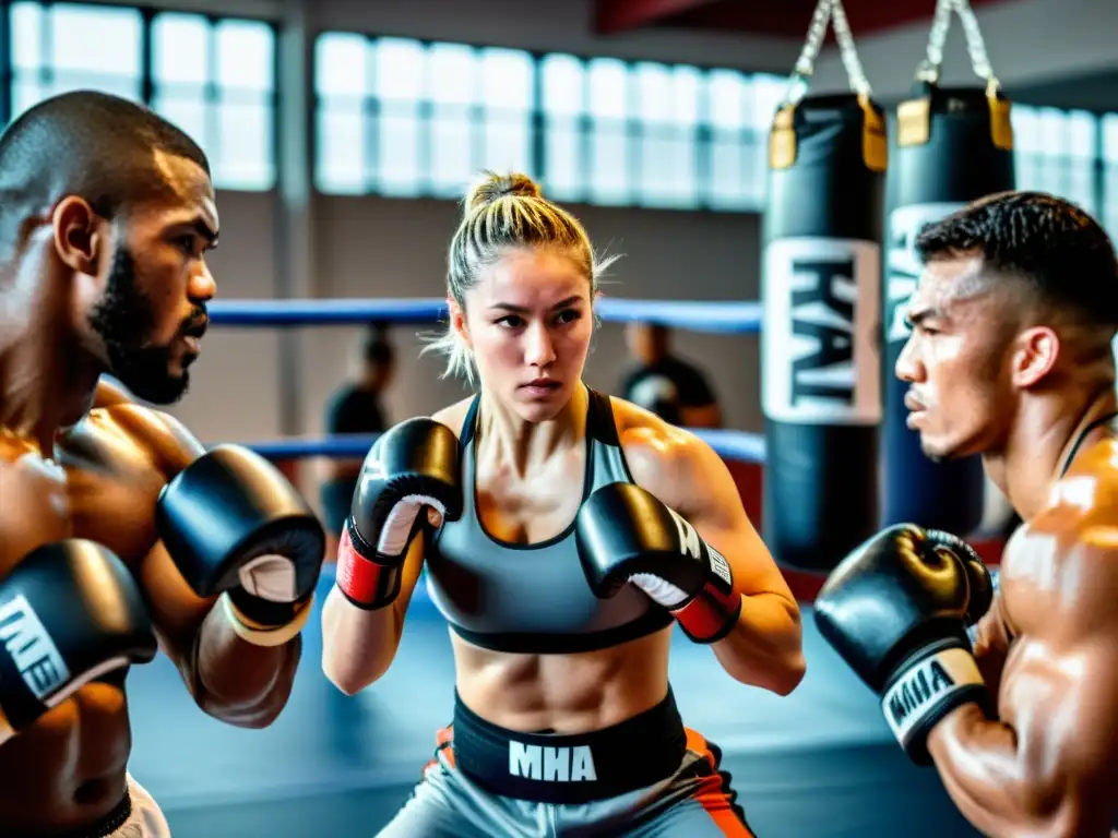 Influencia de las MMA en artes marciales: Grupo de luchadores de varias disciplinas en un gimnasio de MMA, mostrando determinación y enfoque intenso