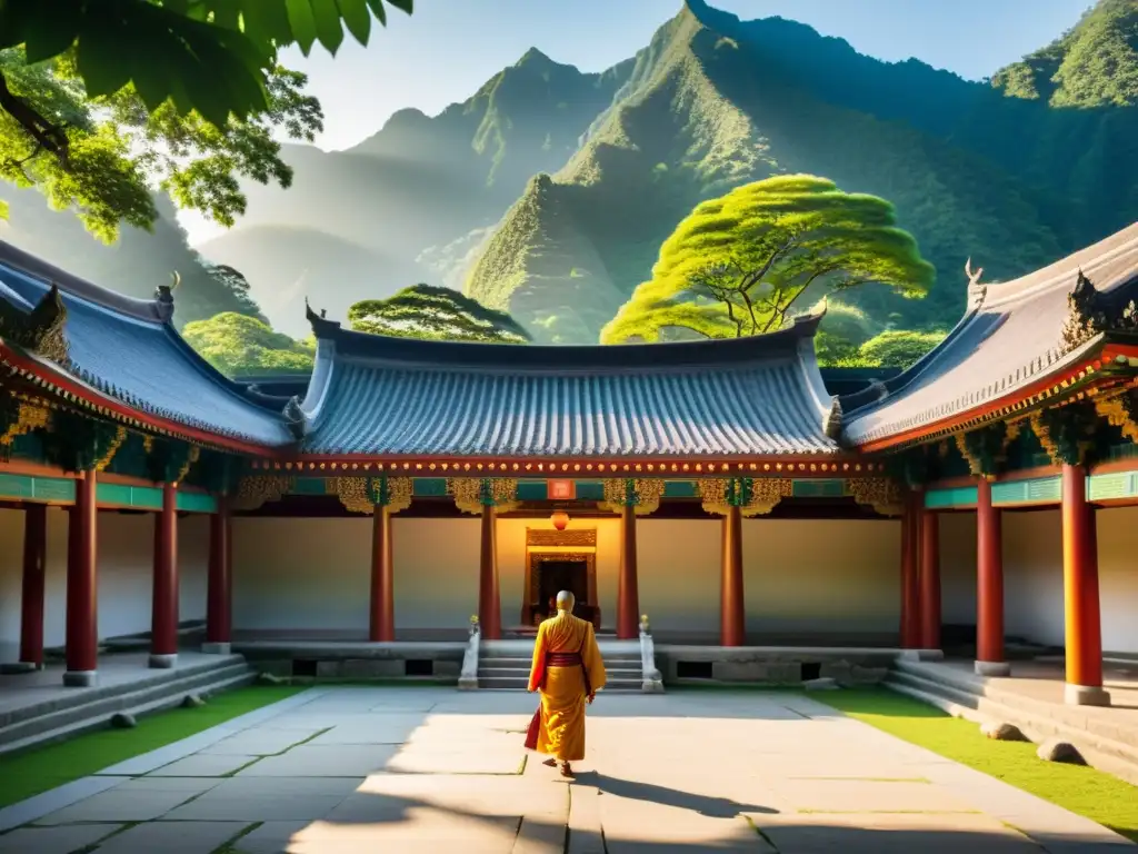 Influencia del Budismo en Kung Fu: Templo sereno en la montaña, monjes practicando Kung Fu con gracia, atmósfera de tranquilidad y misticismo