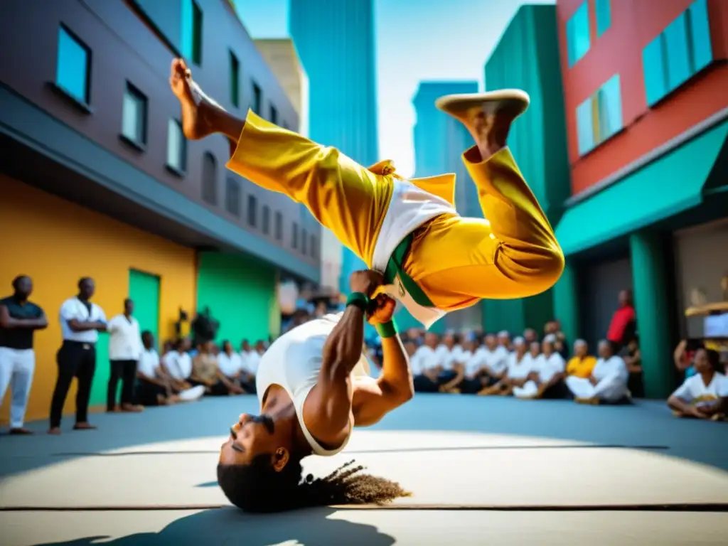 Influencia de la Capoeira en la cultura pop: Representación dinámica y colorida de la danza marcial en un entorno urbano vibrante