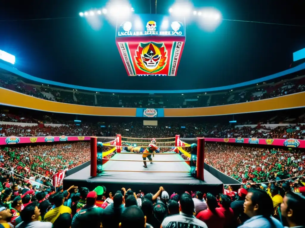 Influencia cultural de la lucha libre en México: Impactante lucha libre en la Arena México, con luchadores en pleno vuelo y espectadores vibrantes