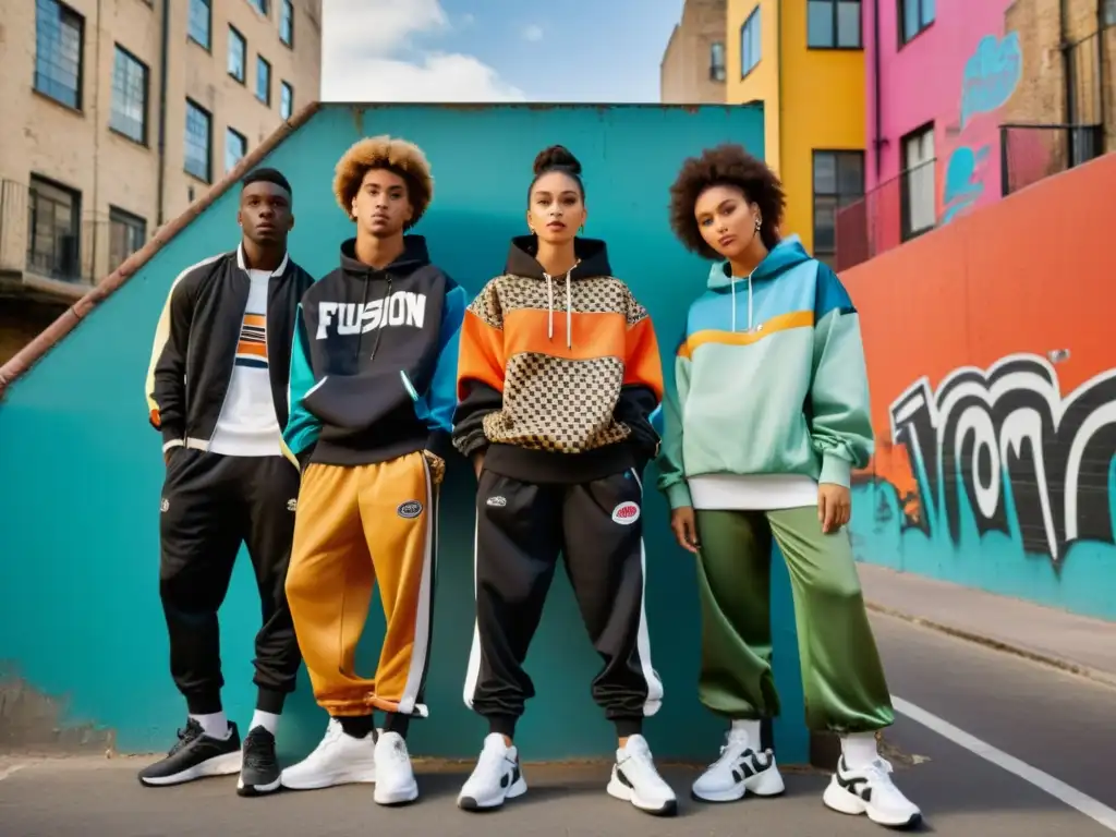 Influencia cultural en la moda urbana: jóvenes vistiendo ropa entrenamiento moderna y vintage, posando en calles urbanas coloridas