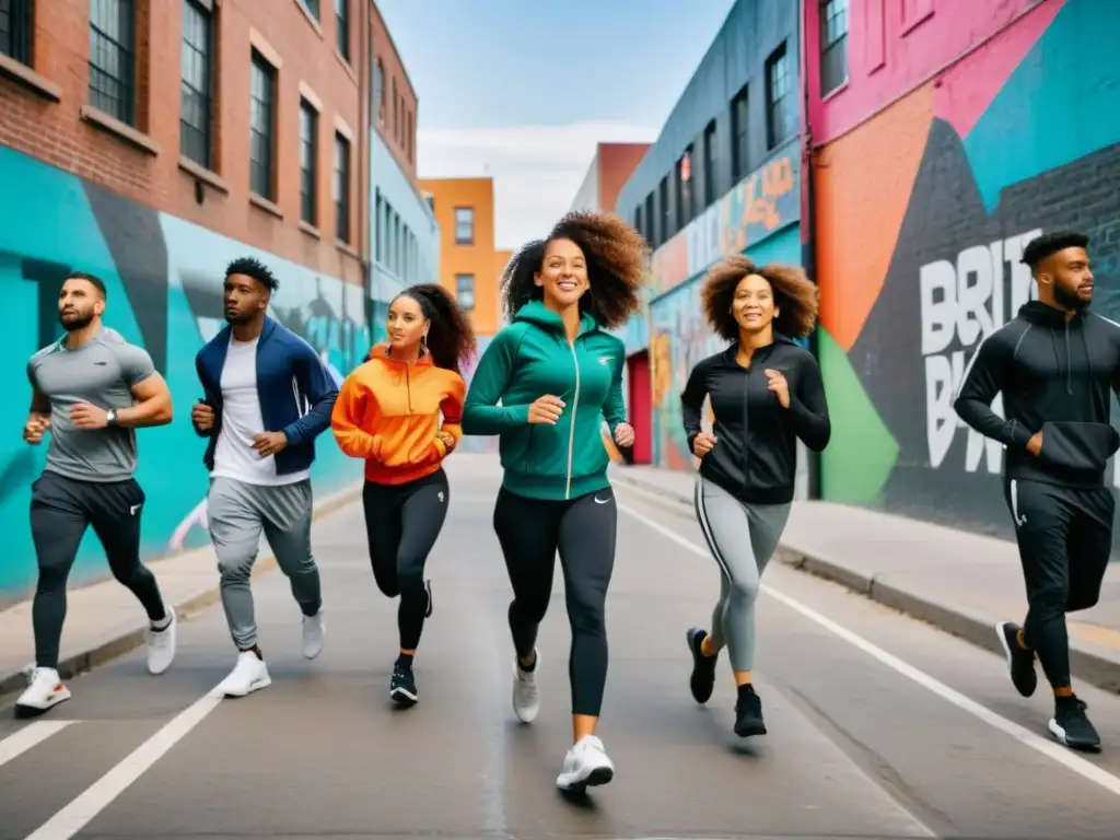 Influencia cultural de la ropa de entrenamiento en la moda urbana: escena urbana con diversidad de personas en actividades fitness y variados atuendos