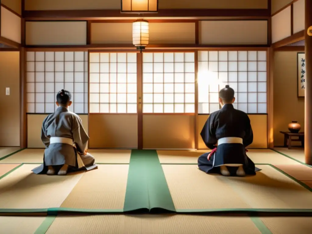 Influencia de la ética empresarial japonesa fusionada con la filosofía Budo en un dojo tradicional, hombres de negocios se inclinan respetuosamente