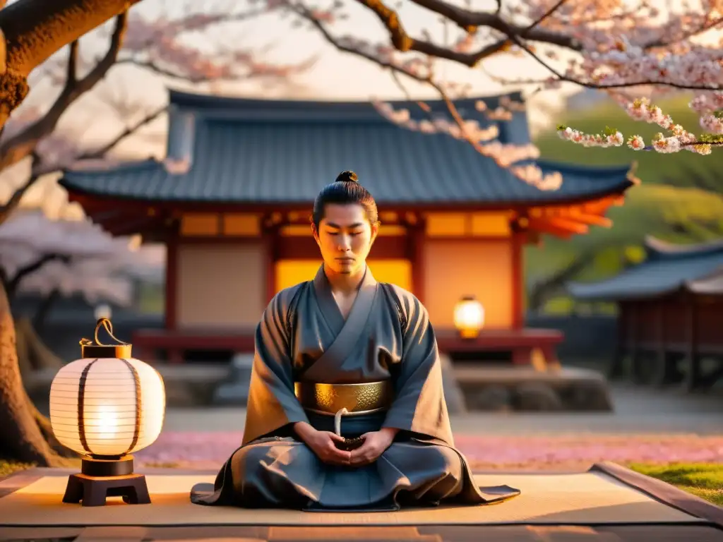 Influencia espiritual del Bushido Samurai: Un samurái en meditación bajo la suave luz de una linterna japonesa, rodeado de cerezos en flor