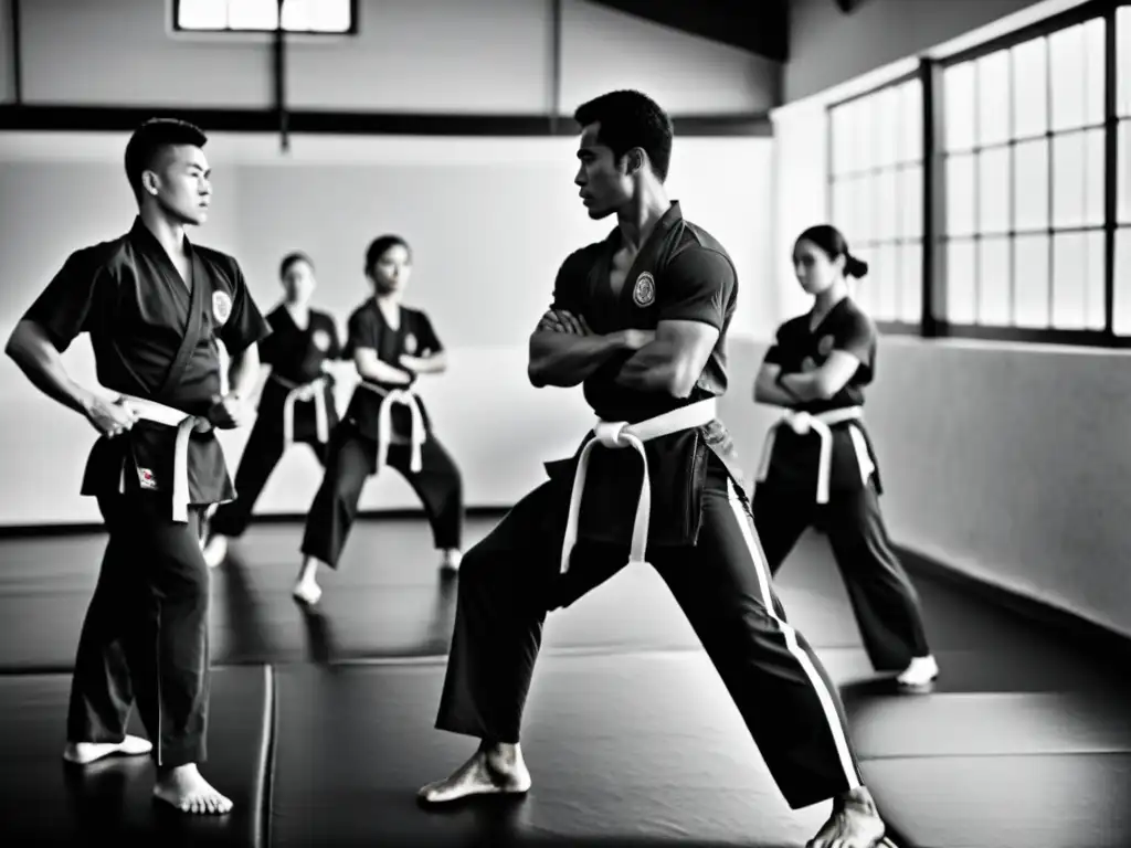 Influencia global del Jeet Kune Do: estudiantes entrenan con el instructor en un estudio de artes marciales, capturando su disciplina y dedicación