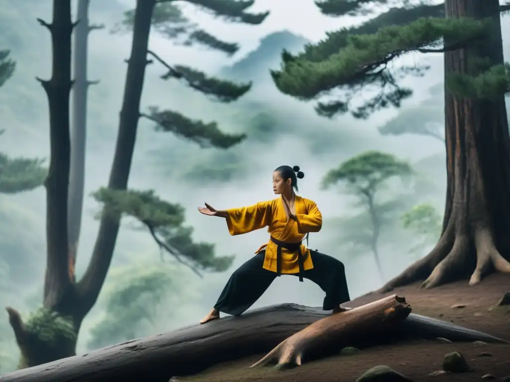 Influencia del Yoga en Kung Fu: Maestro de kung fu y practicante de yoga en la cima de la montaña, fusionando fuerza y serenidad en sus disciplinas