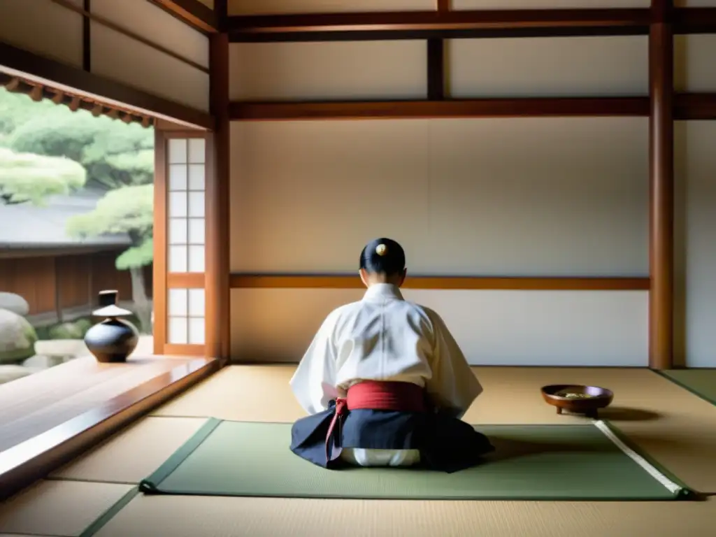 Influencia del Shintoismo en Aikido: Dojo sereno iluminado con luz natural, con un santuario Shinto en una esquina pacífica