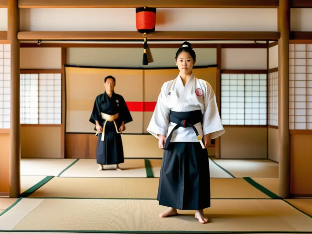 Influencia del Shintoismo en Aikido: Sensei enseña técnicas con gracia en un sereno dojo japonés iluminado por faroles de papel