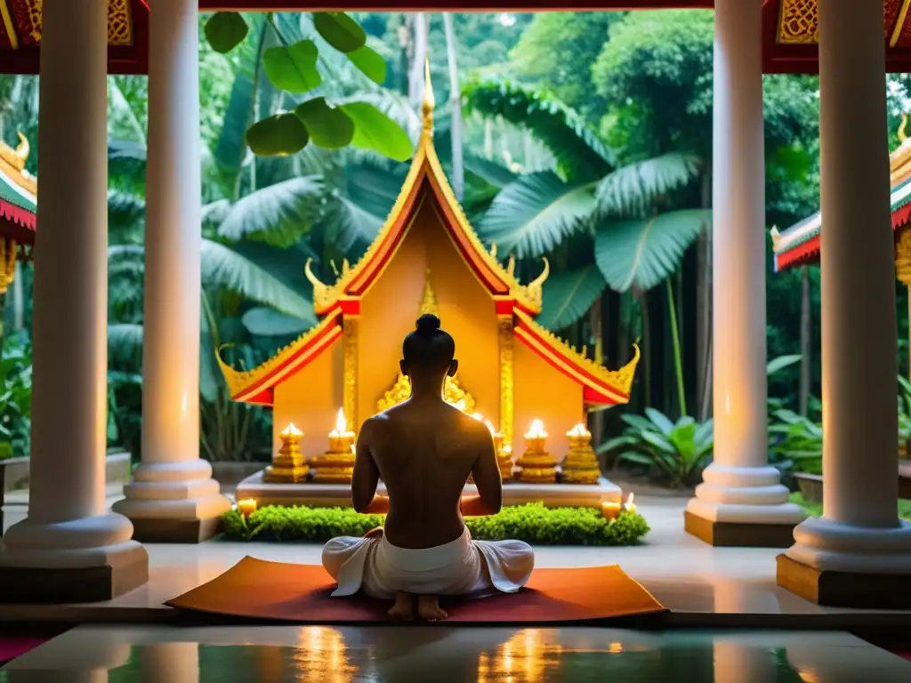 Influencias espirituales budismo muay thai: Templo dorado iluminado en la selva tailandesa, luchadores de Muay Thai rezando en su interior