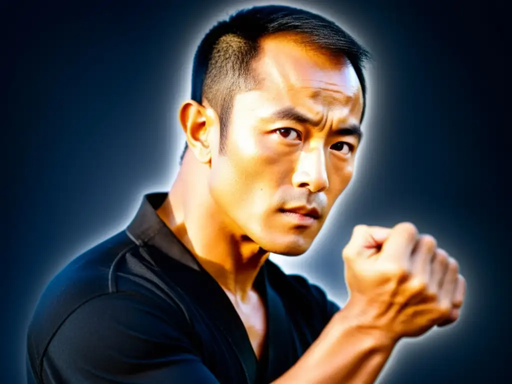 Dan Inosanto ejecuta con precisión una técnica de Jeet Kune Do, con intensidad y maestría, reflejando su camino en las artes marciales