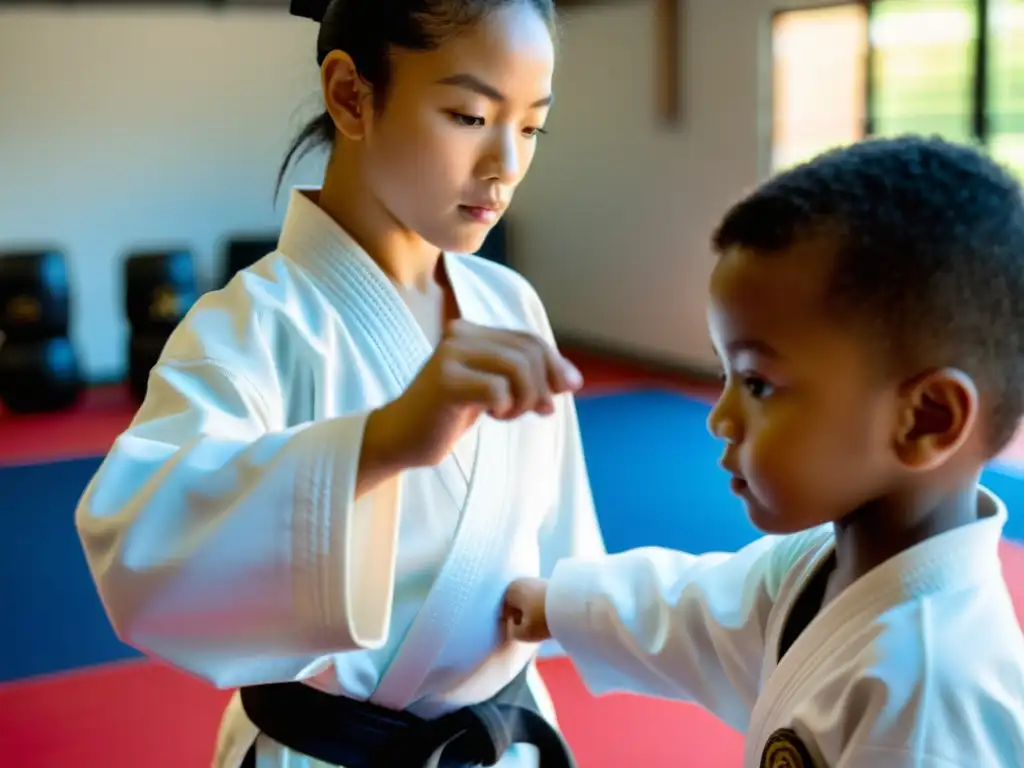 Inscripción competencias artes marciales niños: Instructor enseña autodefensa a niños con concentración y disciplina en estudio luminoso