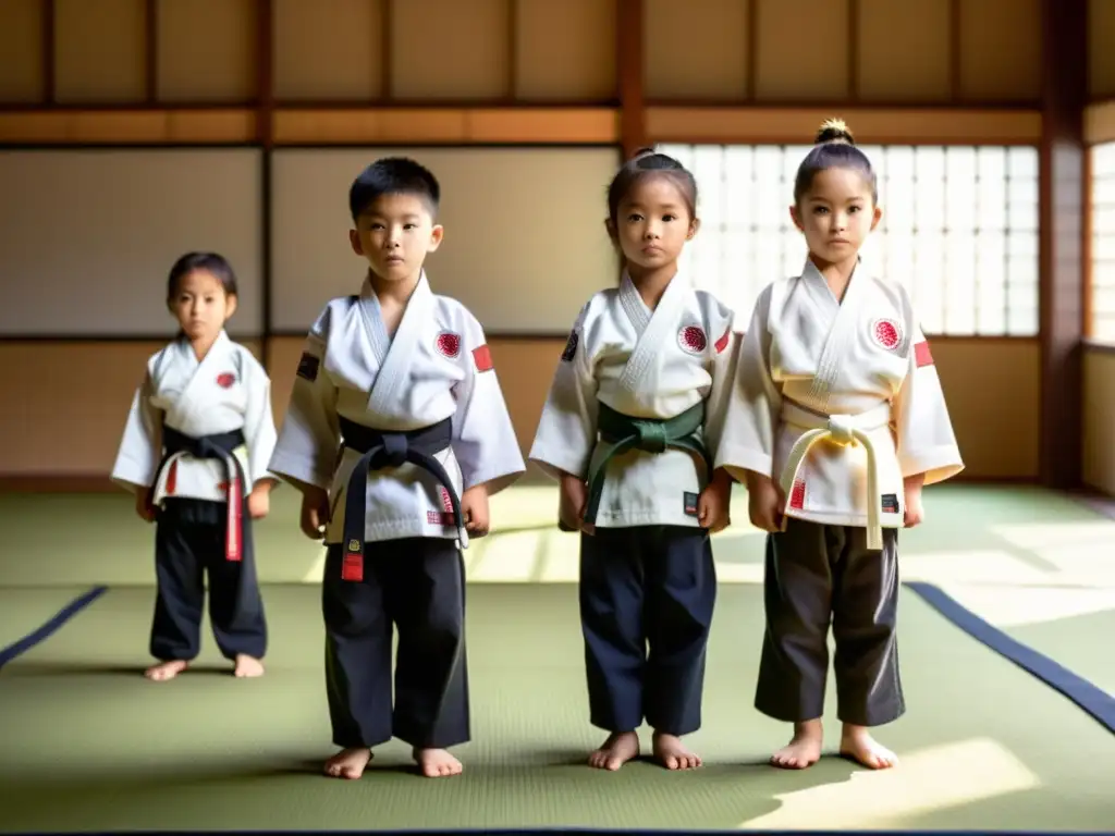 Inscripción en competencias de artes marciales para niños: jóvenes practicando en el dojo con determinación y concentración