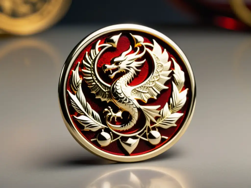 Insignia de honor artes marciales: Detalle de una insignia de oro y esmalte rojo con un dragón y un fénix entrelazados en una pose dinámica, resaltando su exquisito diseño y la tradición de las artes marciales