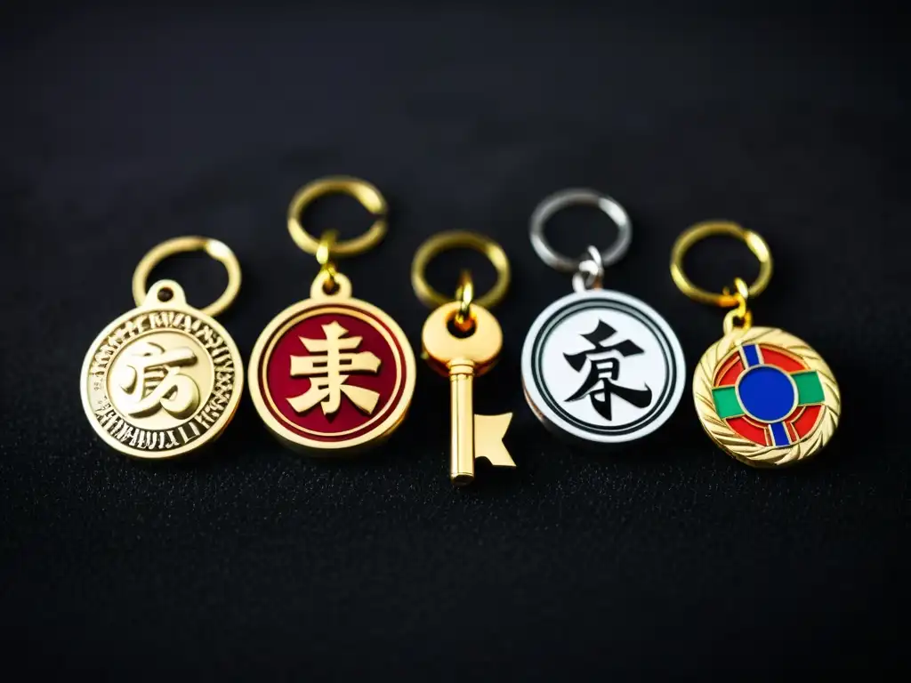 Insignias de honor artes marciales: Detalle excepcional de llaveros con diseños de karate, taekwondo, judo y kung fu sobre terciopelo negro