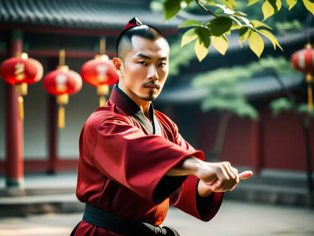 Inspiración marcial para proyectos académicos: Maestro de Kung Fu concentrado en un patio chino, rodeado de belleza natural y determinación