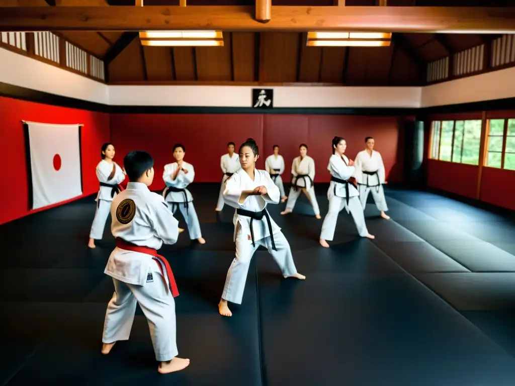 Inspiradora imagen de un dojo de artes marciales, donde los estudiantes practican con determinación